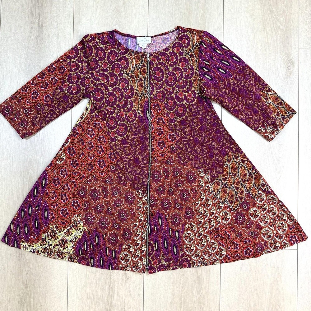 Vintage JonDen USA Boho Zip‎ Front Tunic Dress M Psychedelic Floral 70s Style
